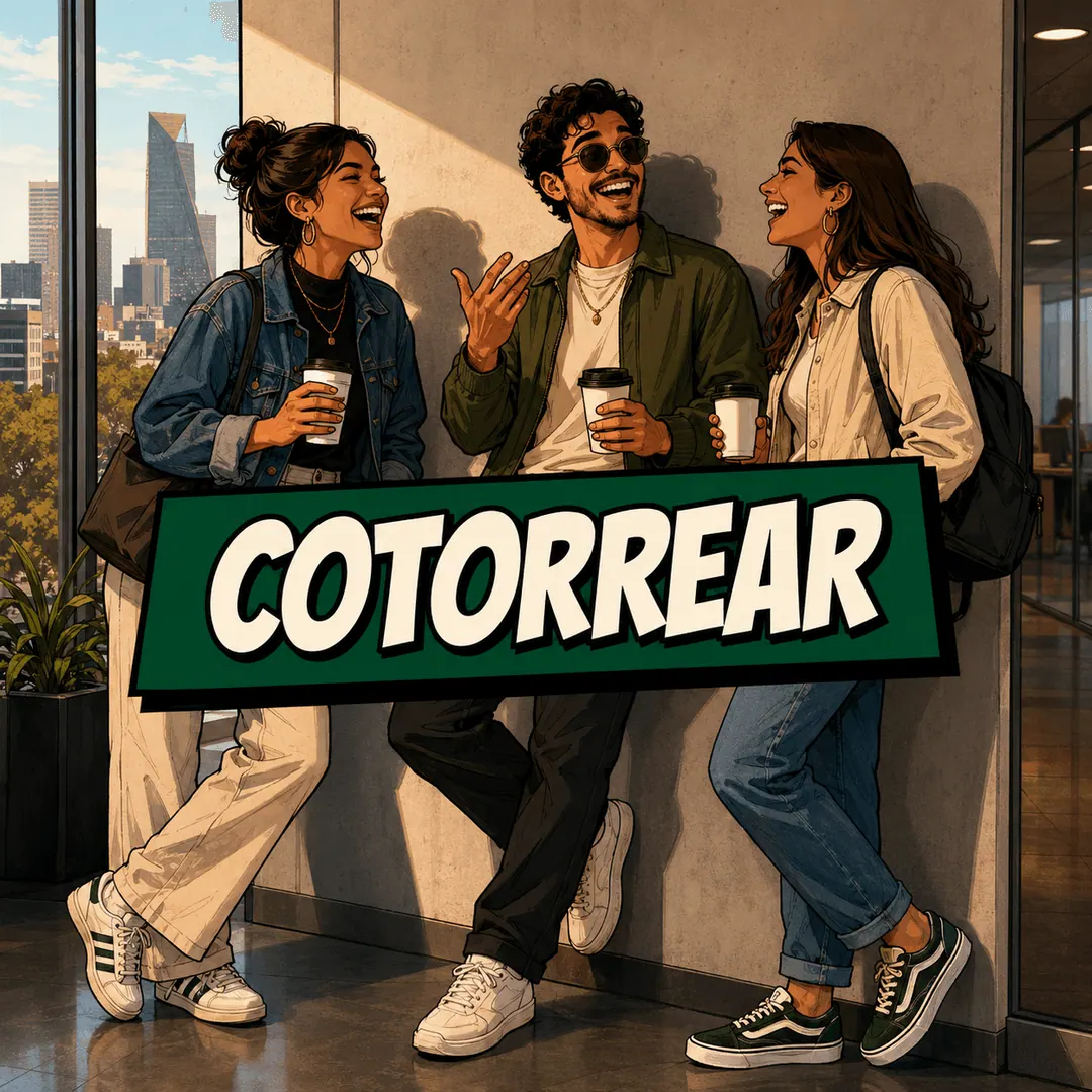 cotorrear - three friends leaning on a wall with coffees, all talking at once