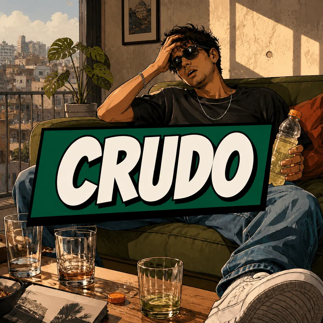 crudo - a young man in sunglasses slumped on a sofa clutching a bottle of water