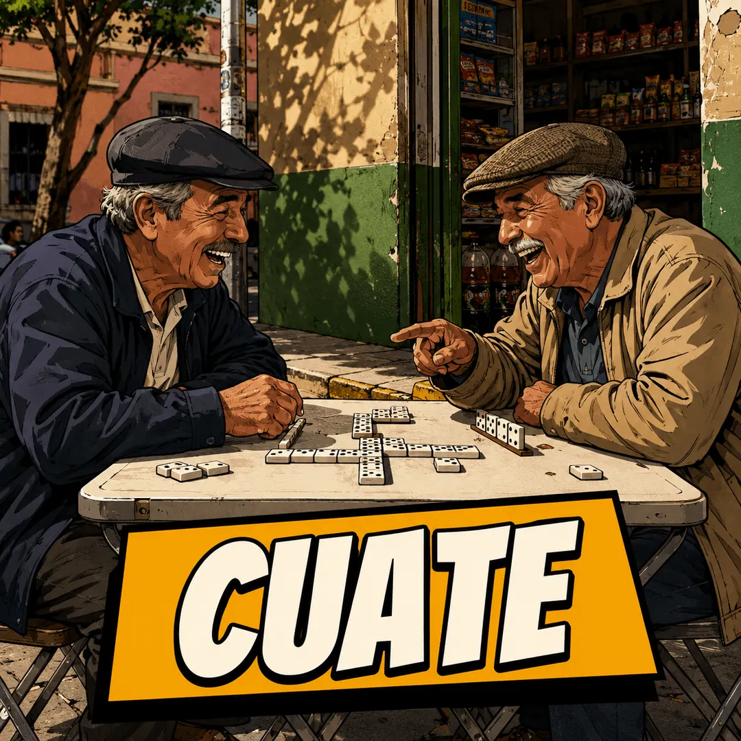 cuate - two older men playing dominoes at a folding table outside a shop