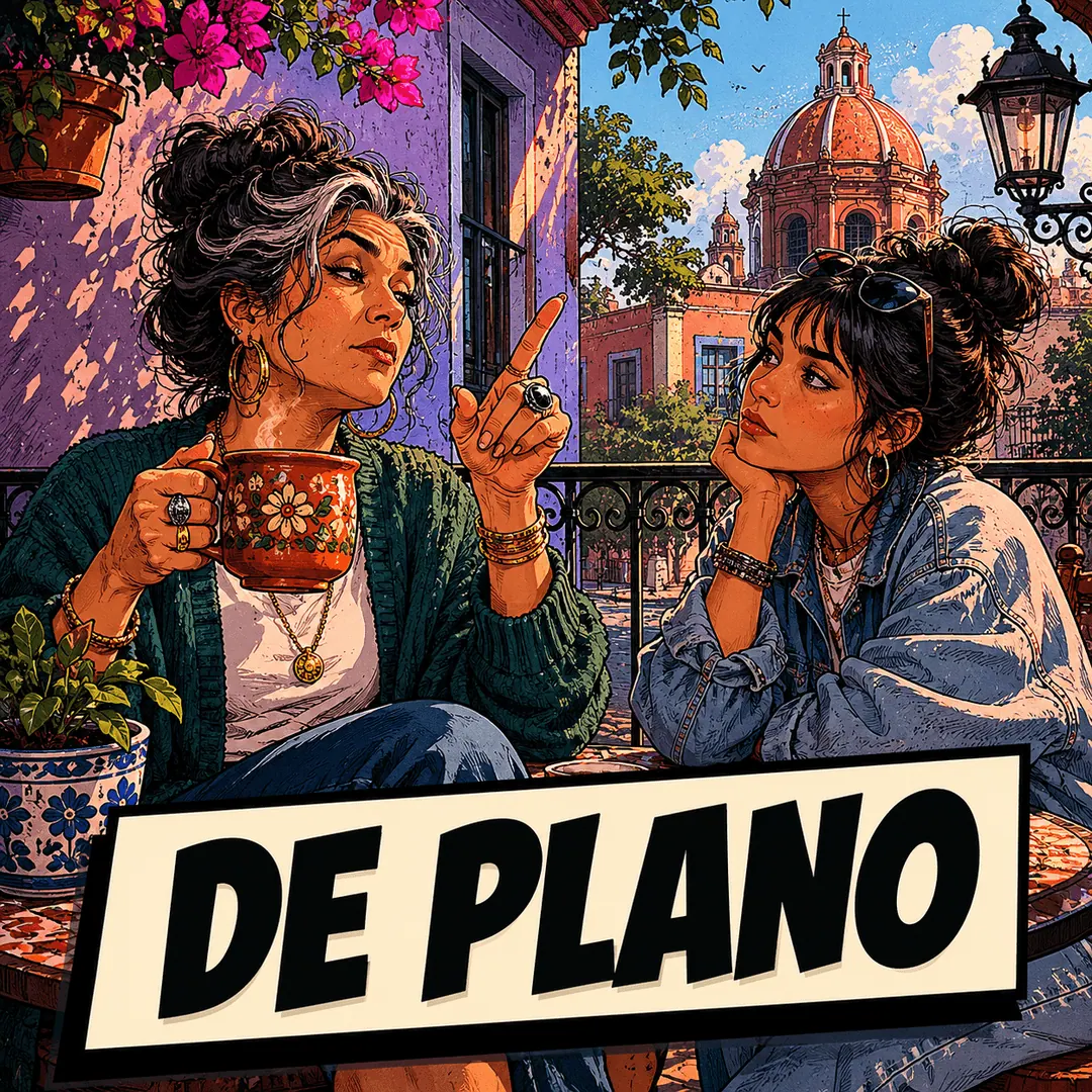 de plano - a woman with a mug wagging a finger while a younger woman listens