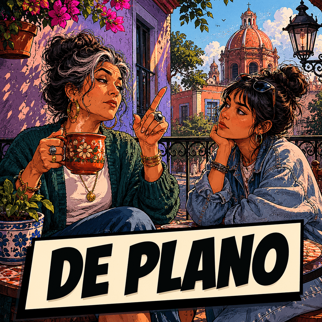 de plano - a woman with a mug wagging a finger while a younger woman listens