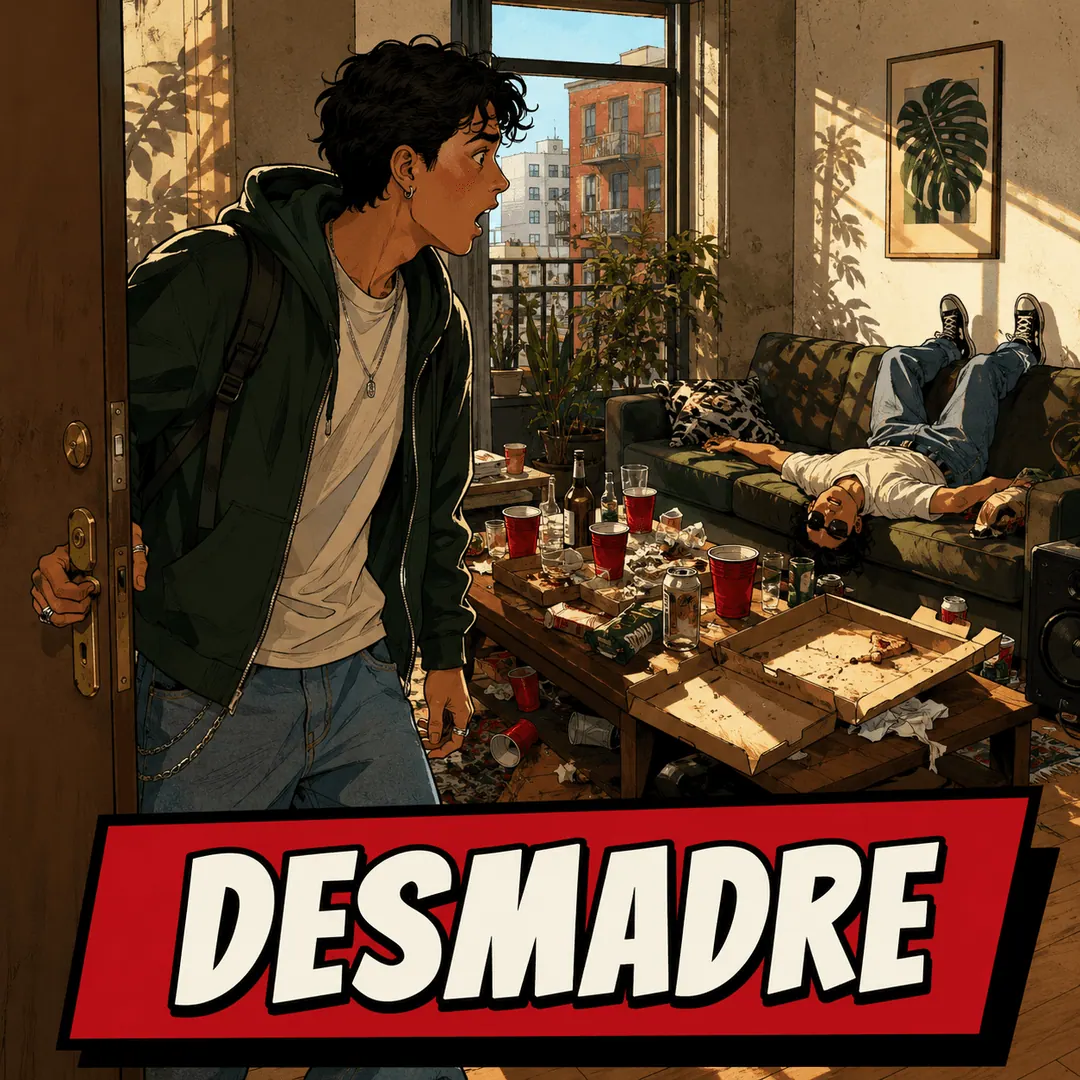desmadre - a young man opening a door onto a wrecked living room the morning after a party