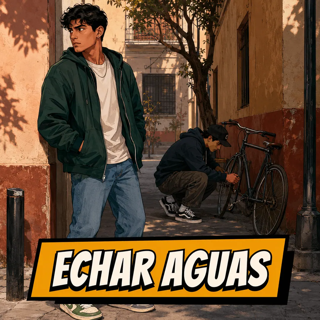 echar aguas - a young man keeping watch at the corner while another crouches over a bike