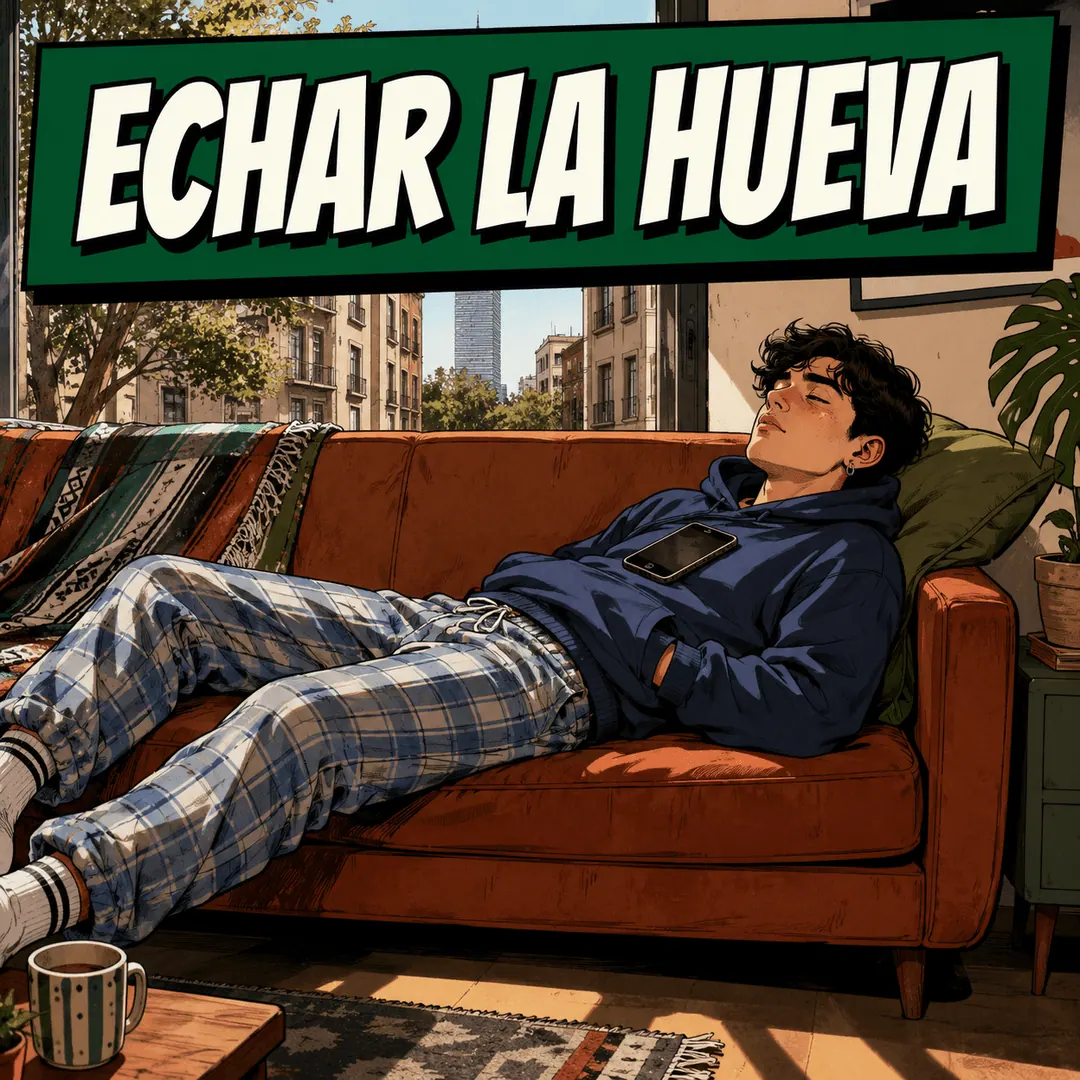 echar la hueva - a young man stretched out asleep on a red sofa with his phone on his chest