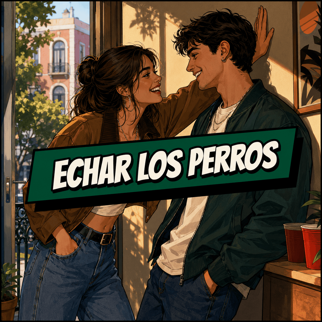 echar los perros - a young man leaning on the wall over a woman, laying on the charm