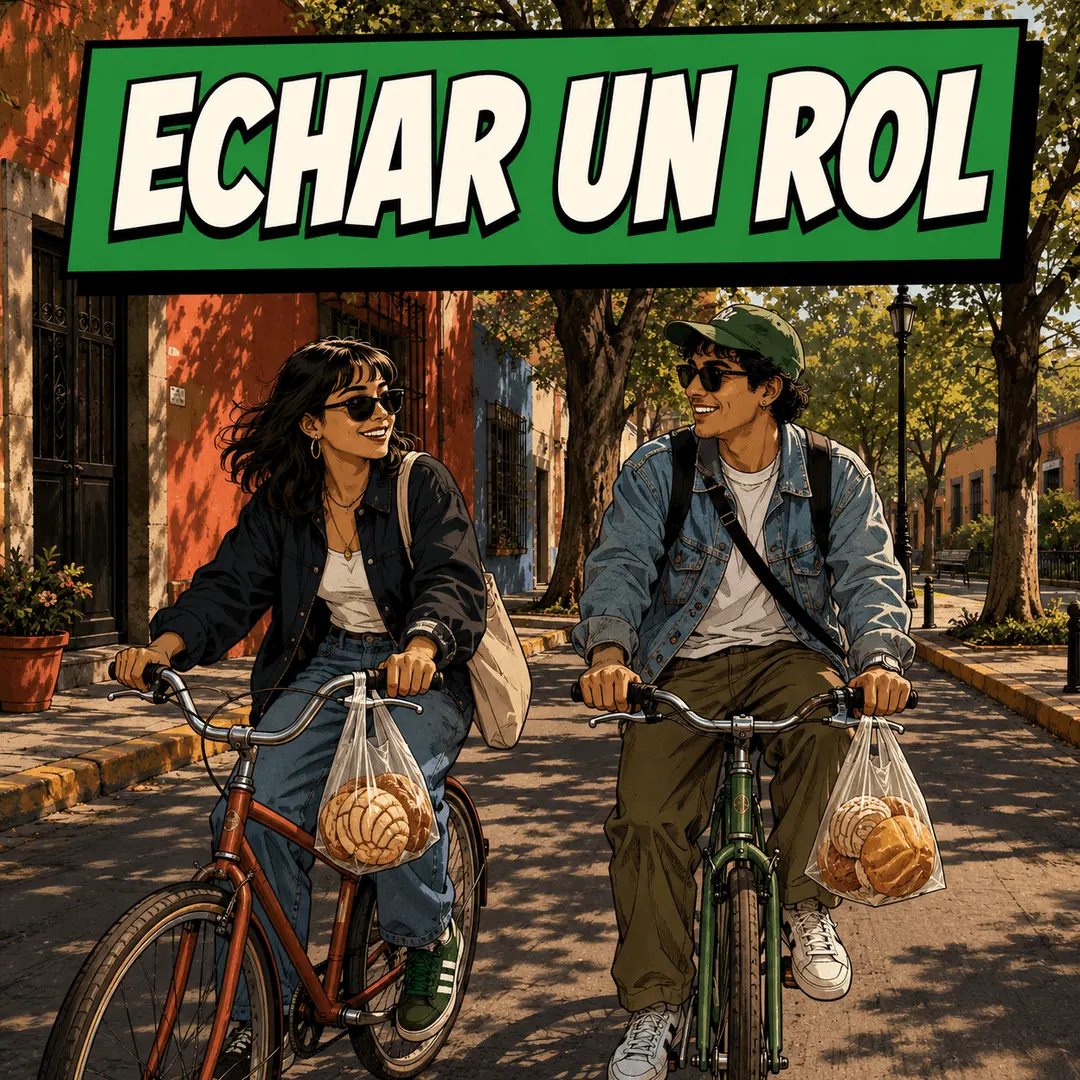 echar un rol - two friends cycling down a street with bags of pan dulce on the handlebars