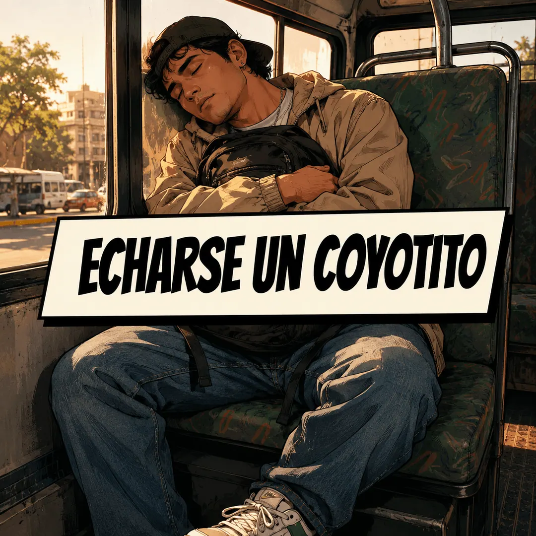 echarse un coyotito - a young man asleep sitting up on a bus with his cap pulled down