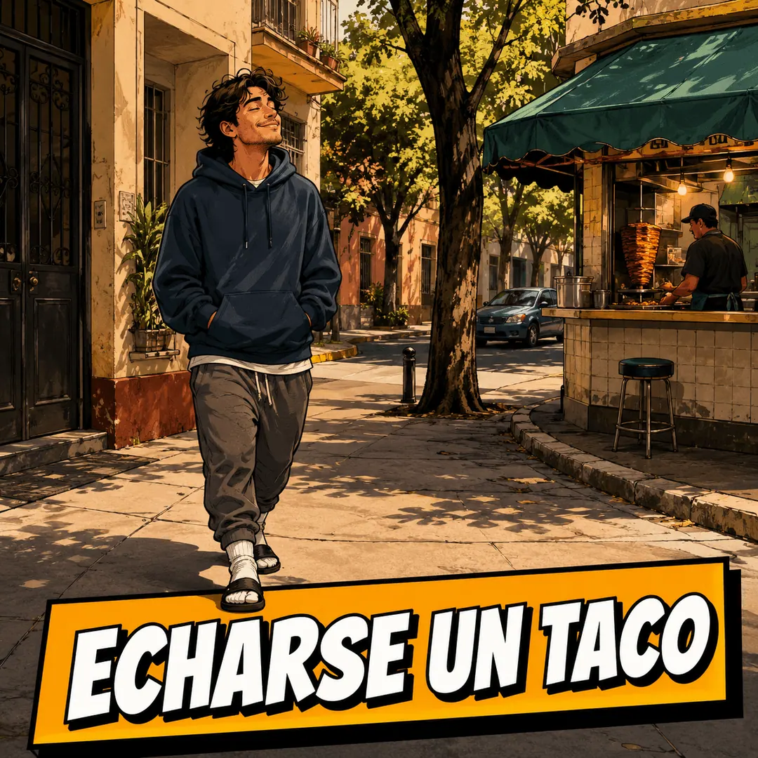 echarse un taco - a young man walking toward a taco stand at golden hour