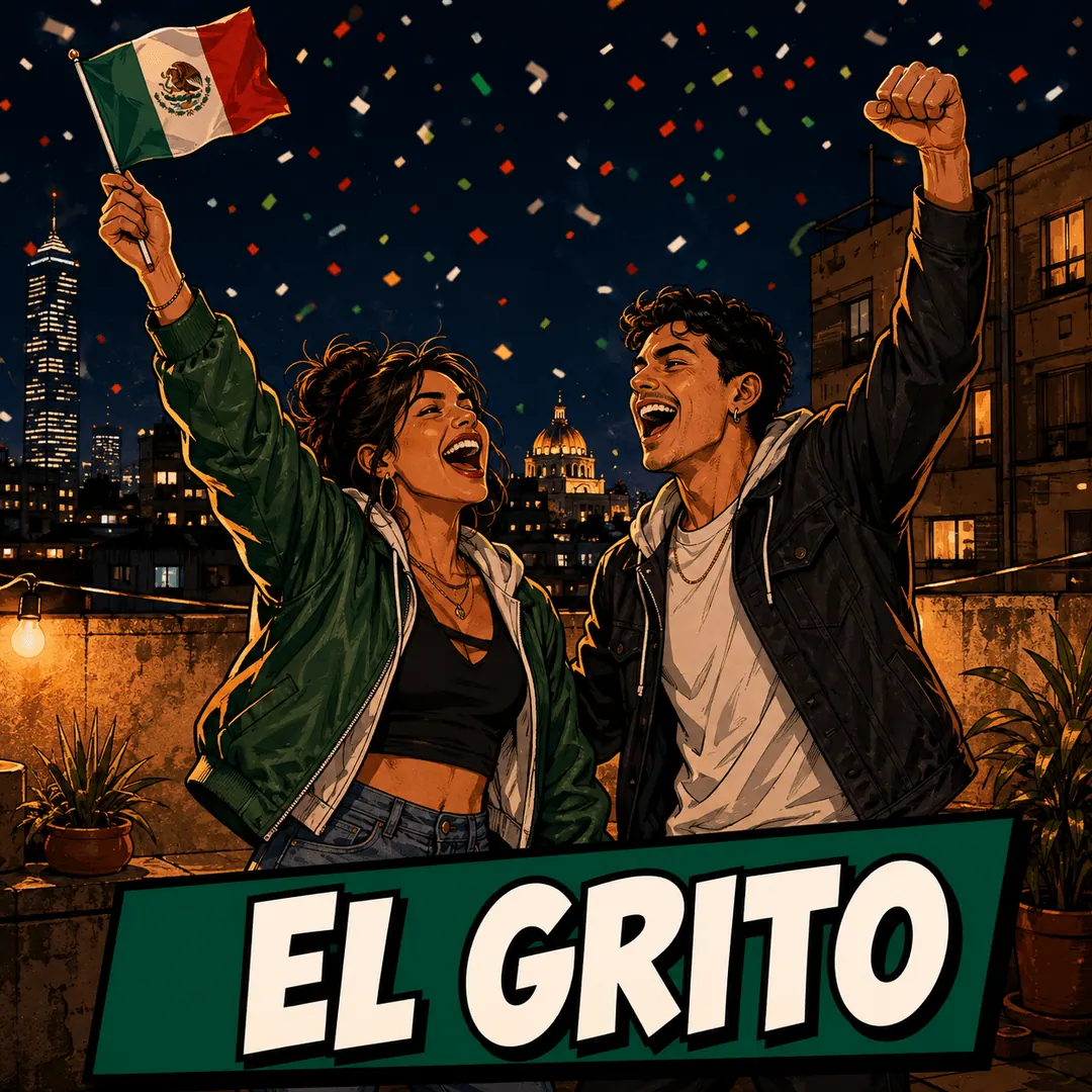 el Grito - a couple cheering under confetti with a Mexican flag at Independence night