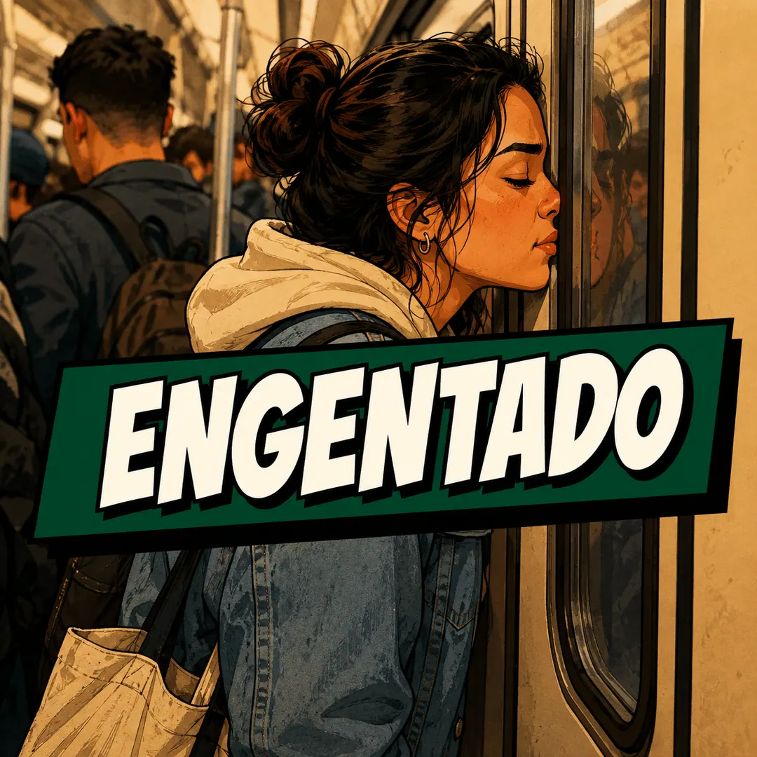 engentado - a woman leaning her head against a metro window, worn down by the crowd