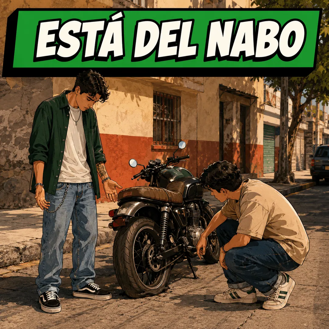 está del nabo - a young man watching a mechanic crouch over his broken-down motorbike