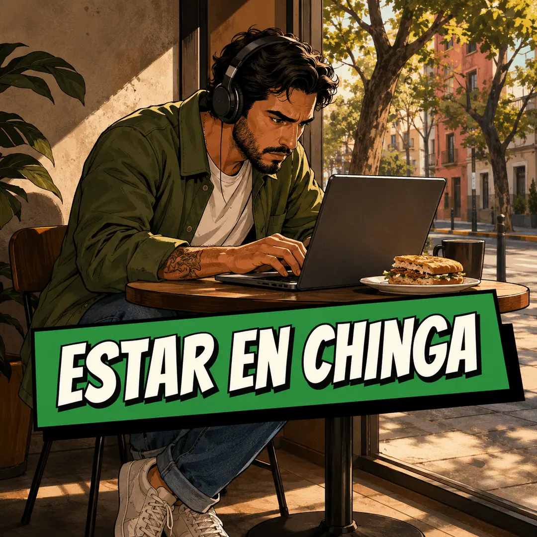 estar en chinga - a man hunched over a laptop in a cafe window with his headphones on and a torta untouched