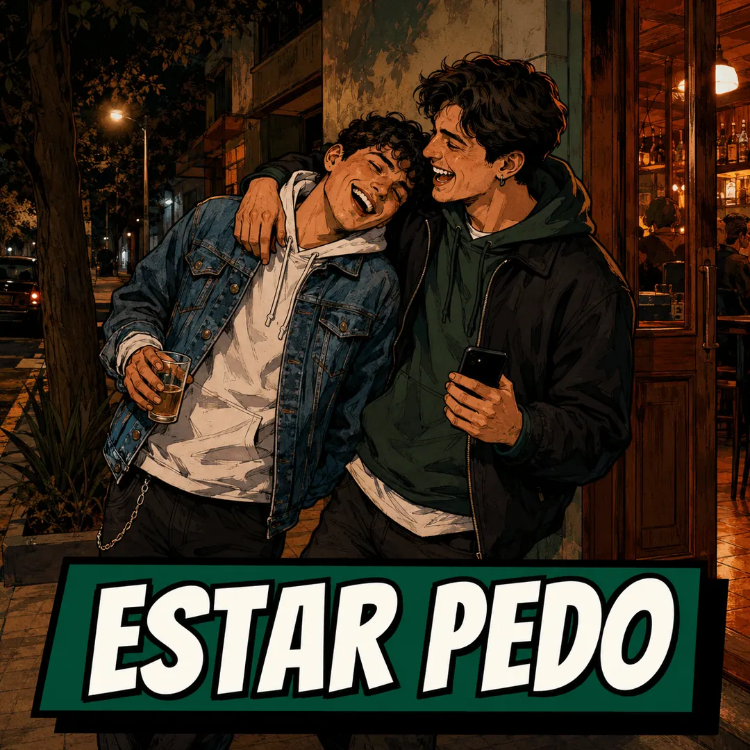 estar pedo - one friend holding another up outside a bar at night