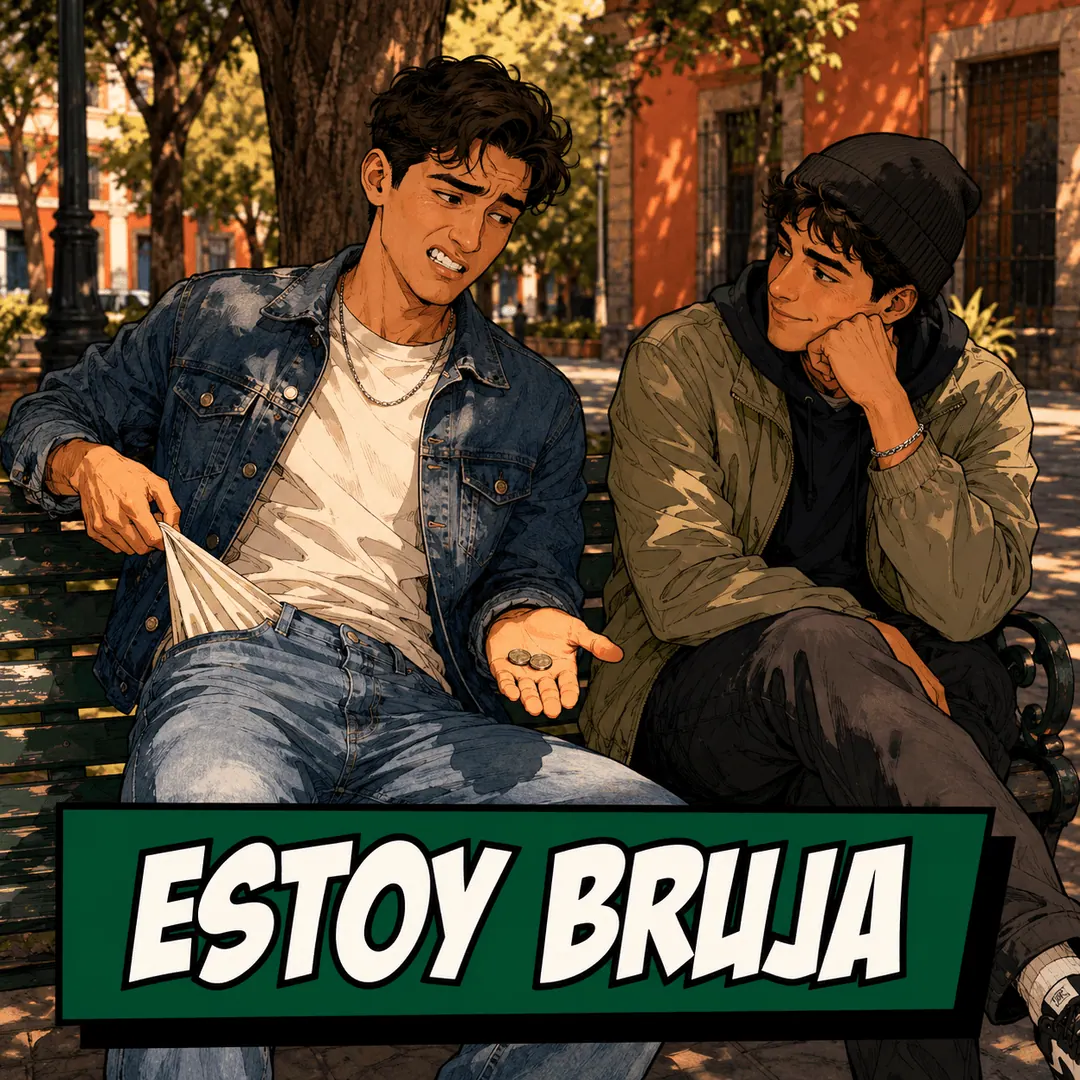 estoy bruja - a young man on a curb turning out an empty pocket with a few coins in his palm