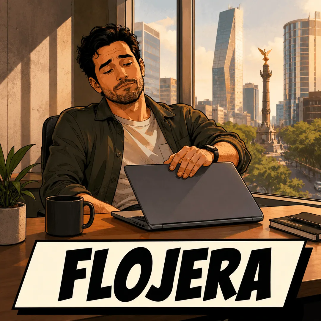 flojera - a man at a cafe table pushing his laptop shut with one finger