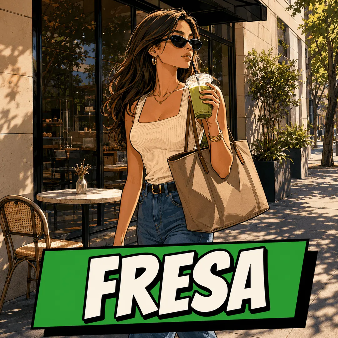 fresa - a woman in sunglasses walking past a cafe with a green juice and a designer tote