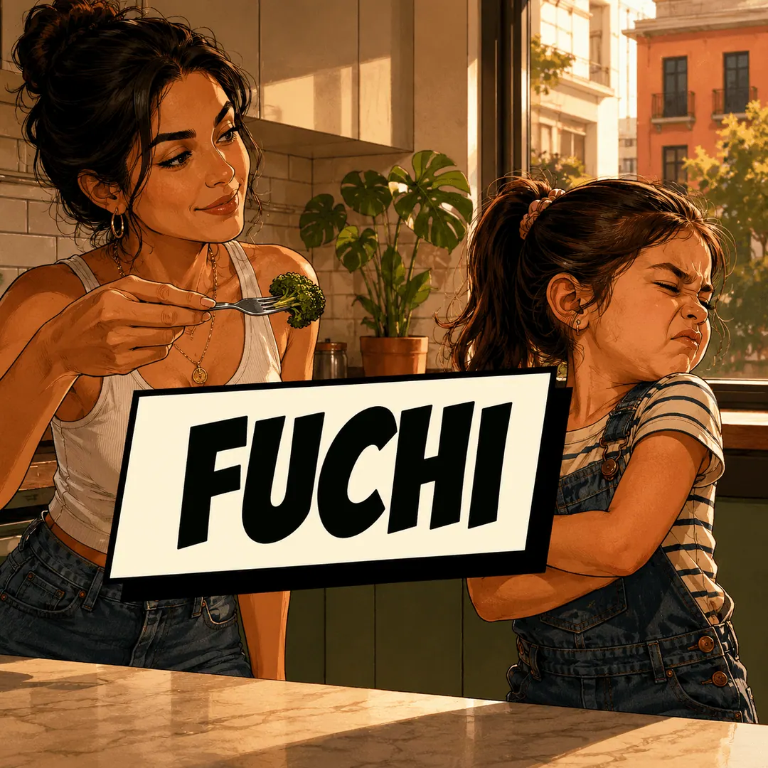 fuchi - a small girl recoiling from the broccoli on her mother's fork