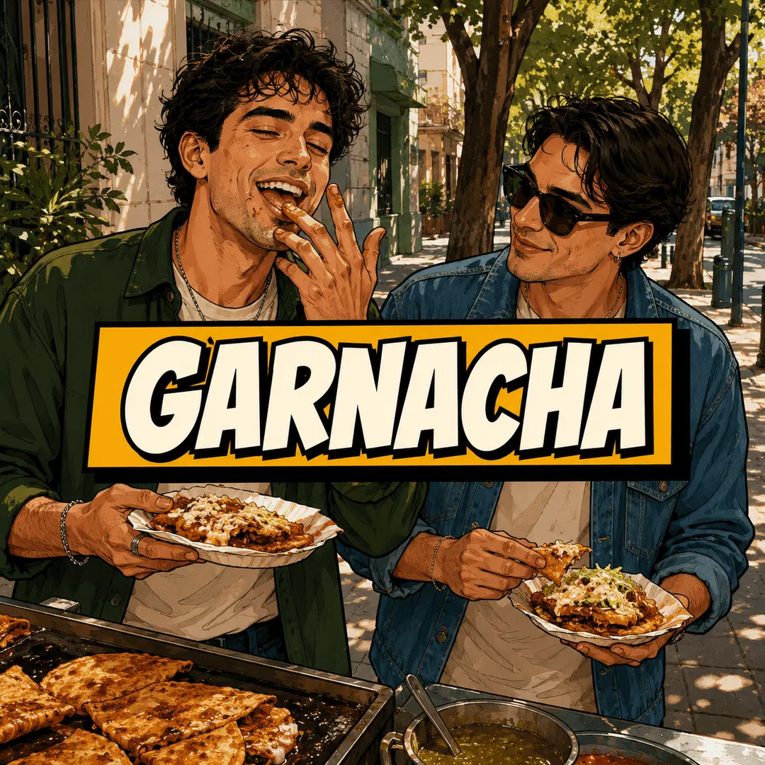 garnacha - two friends eating fried snacks with their hands at a street stall