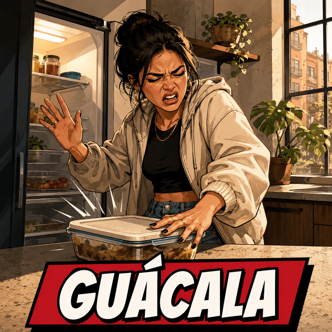 guácala - a woman recoiling from an old container she has just opened at the fridge