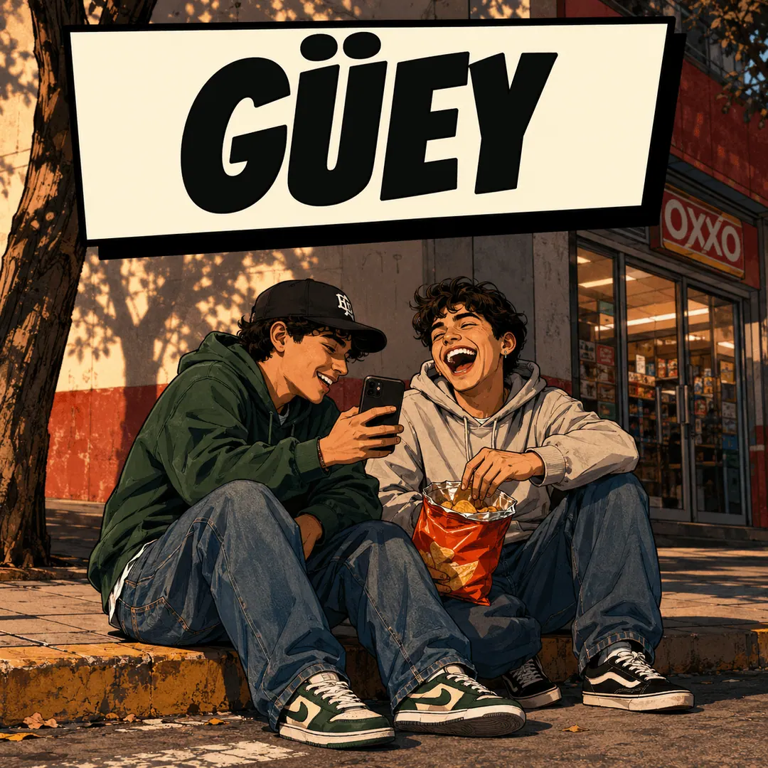 güey - two friends sitting on a curb outside an Oxxo laughing at a phone