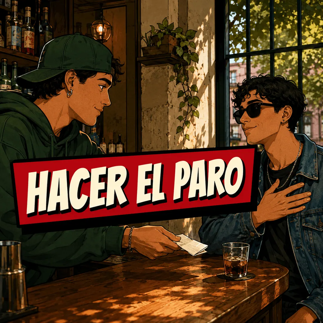 hacer el paro - a young man at a bar passing a folded note to a friend who has left his wallet behind