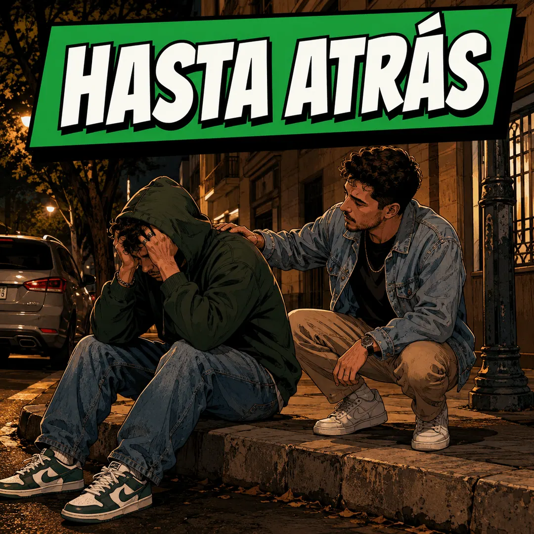 hasta atrás - a young man sitting on a curb at night holding his head while a friend crouches beside him