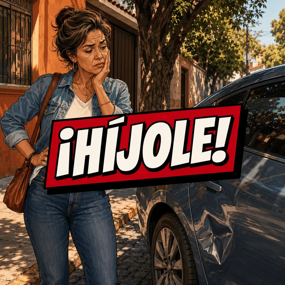 ¡híjole! - a woman standing over a fresh dent in her parked car with a hand on her cheek