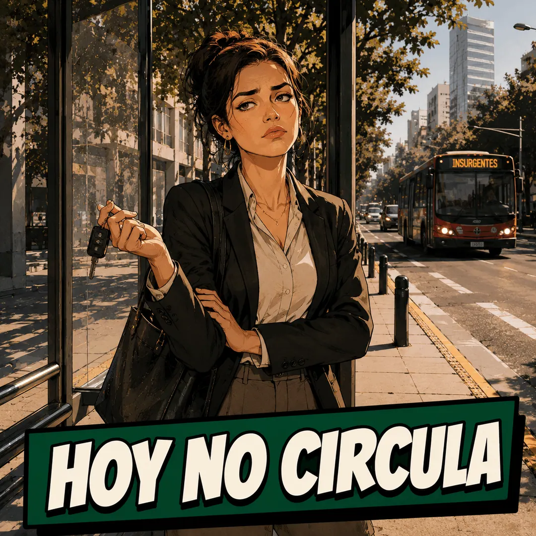 hoy no circula - a woman in a suit holding her keys, watching a bus go past instead