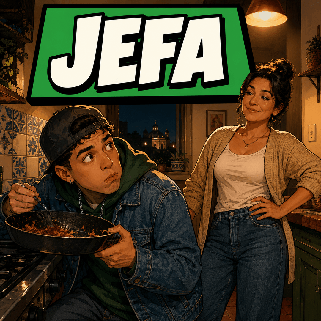 jefa - a young man caught taking a pan off the stove while his mother stands in the doorway