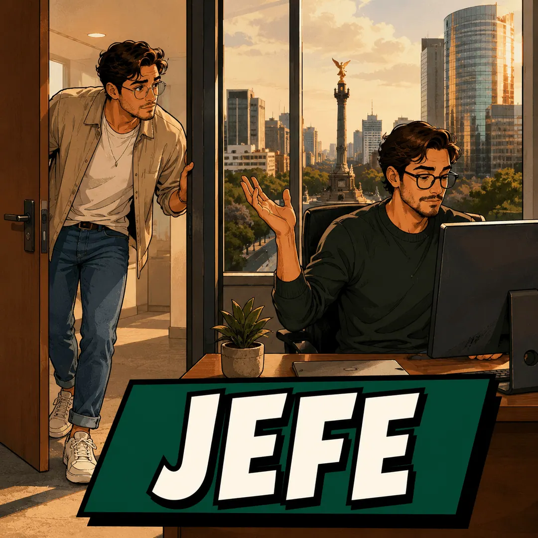 jefe - a young man leaning into an office doorway while the man at the desk waves him in
