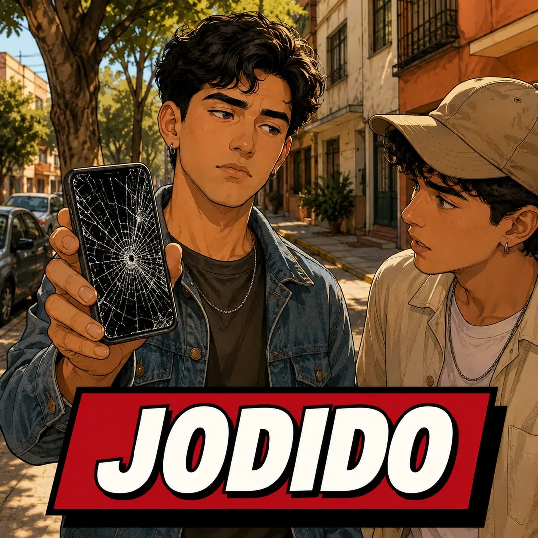 jodido - a young man holding up a phone with a shattered screen while a friend winces at it