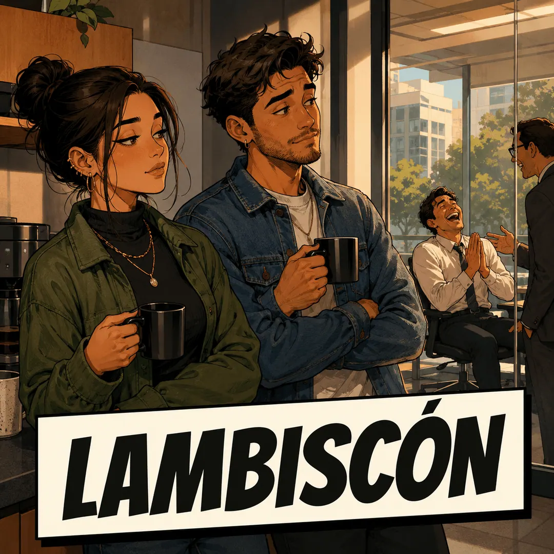 lambiscón - a colleague laughing too hard at the boss's joke while two others watch from across the office