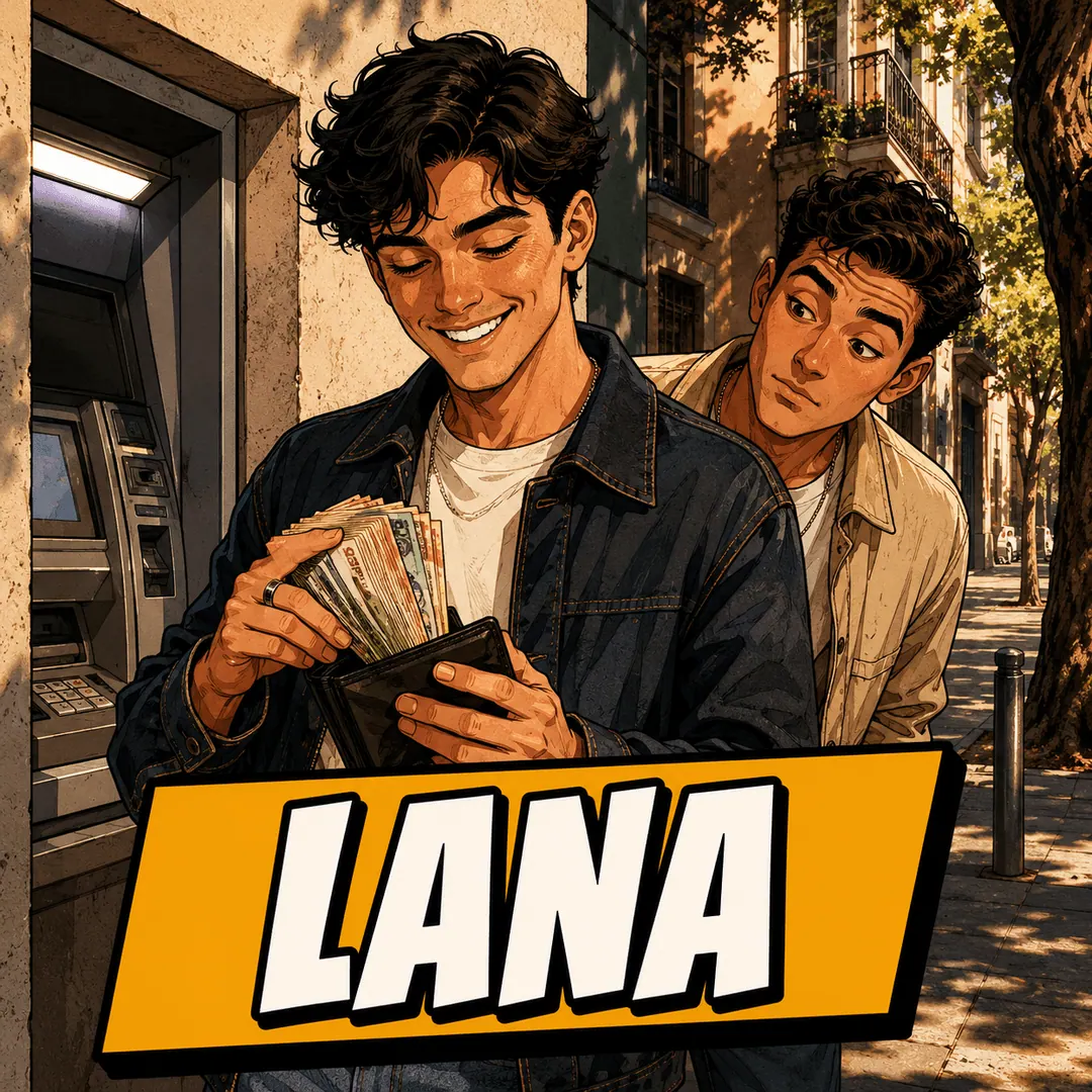 lana - a young man counting a fan of banknotes at an ATM while a friend eyes it