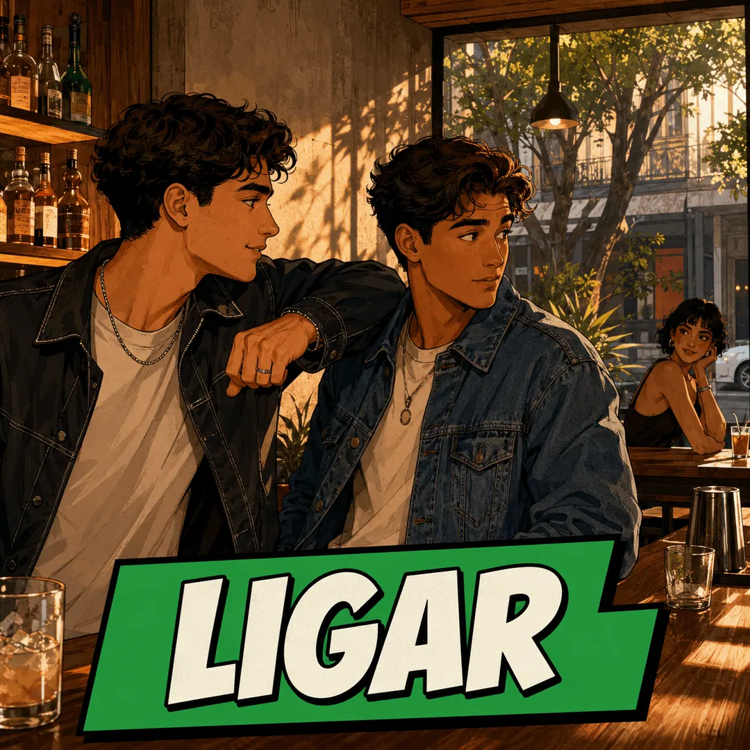 ligar - two young men leaning on a bar, one nodding across the room