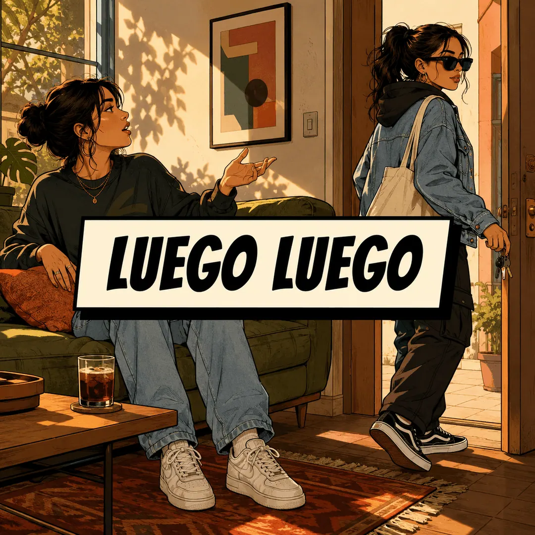 luego luego - a woman on the sofa gesturing at a friend who has already turned to leave