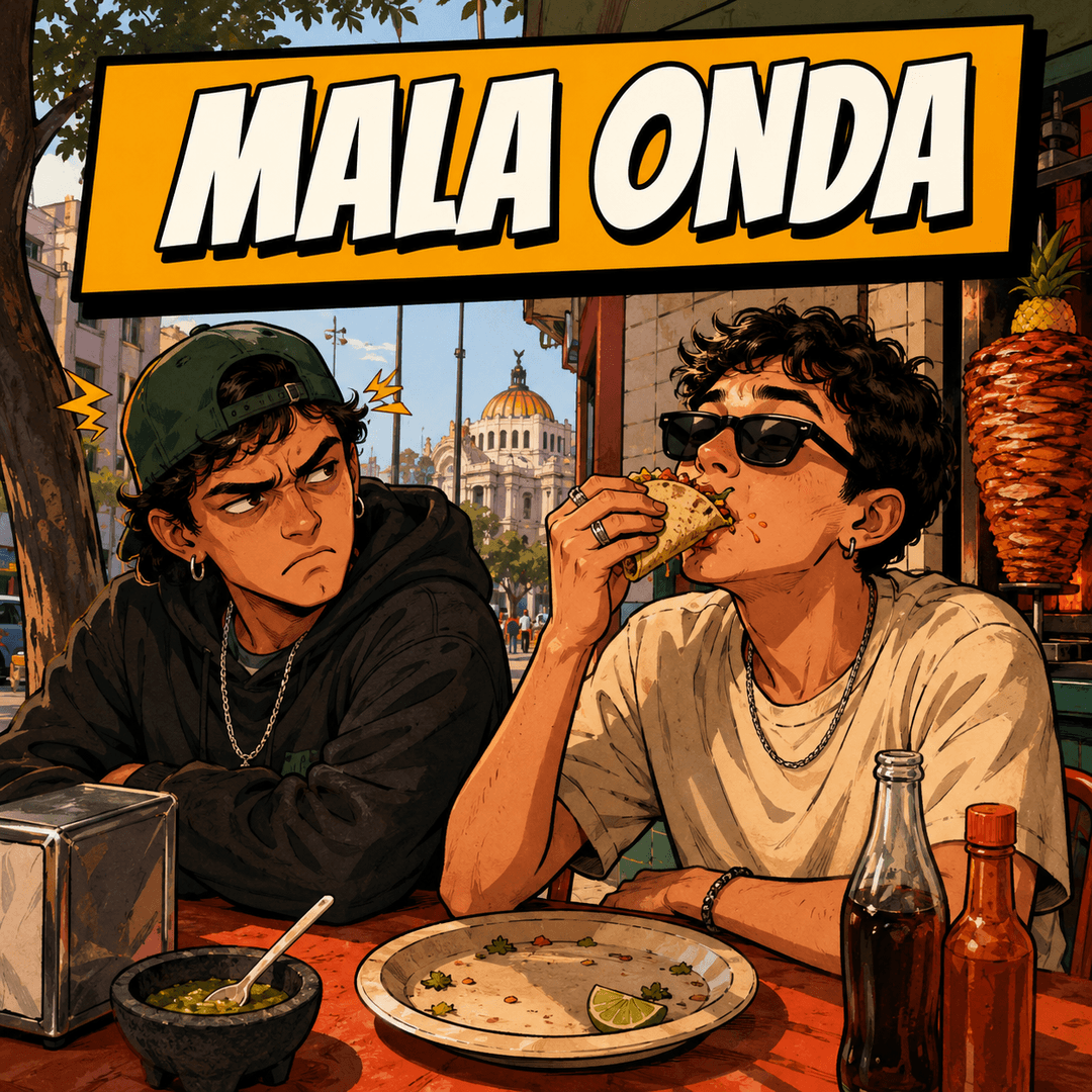 mala onda - a young man eating a taco while his friend glares at the empty plate beside him