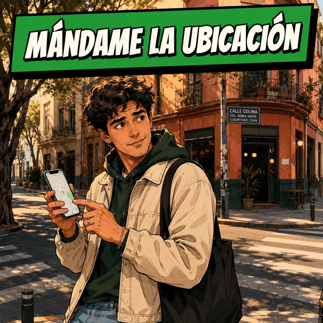 mándame la ubicación - a young man standing on a corner checking a map pin on his phone