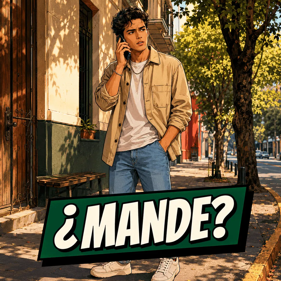 ¿mande? - a young man stopping on the sidewalk to take a call, hand in pocket
