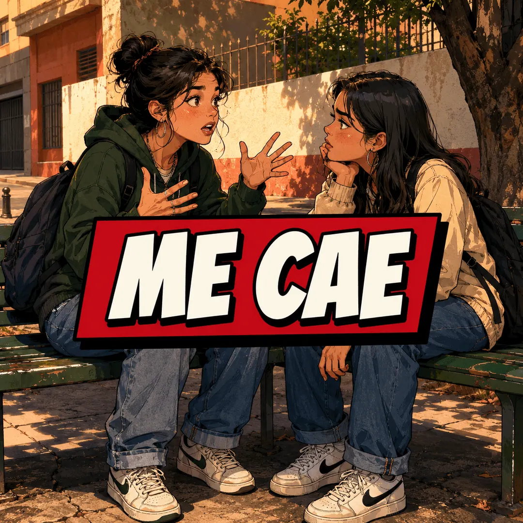 me cae - two women on a park bench, one insisting on something with both hands