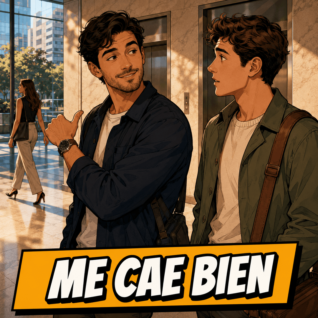 me cae bien - a young man giving a thumbs up about someone as he walks with a friend