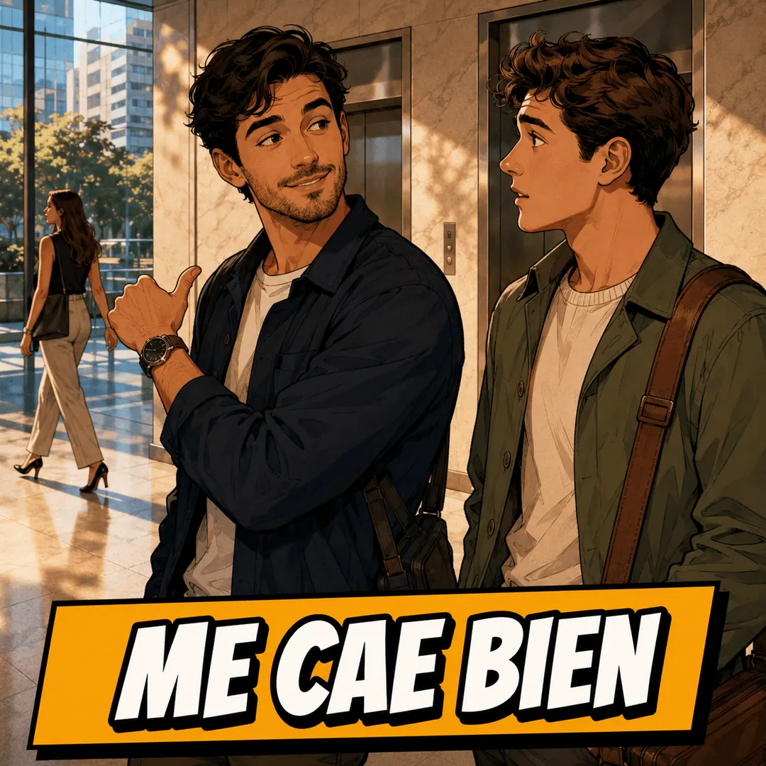 me cae bien - a young man giving a thumbs up about someone as he walks with a friend