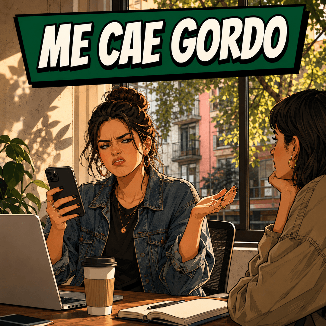 me cae gordo - a woman at a desk showing a colleague something on her phone with a look of distaste