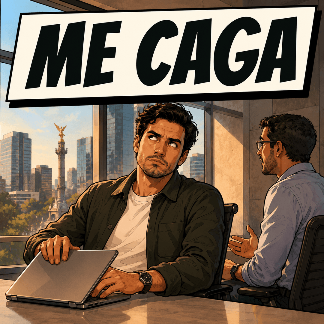 me caga - a man at a desk shutting his laptop while a colleague keeps talking