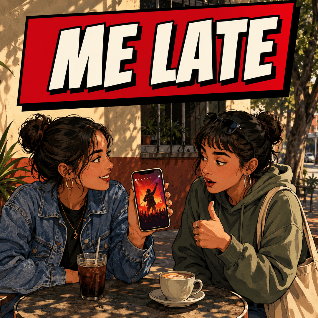 me late - a woman showing a concert poster on her phone to a friend who gives it a thumbs up