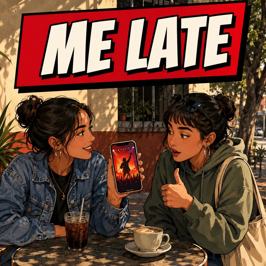 me late - a woman showing a concert poster on her phone to a friend who gives it a thumbs up