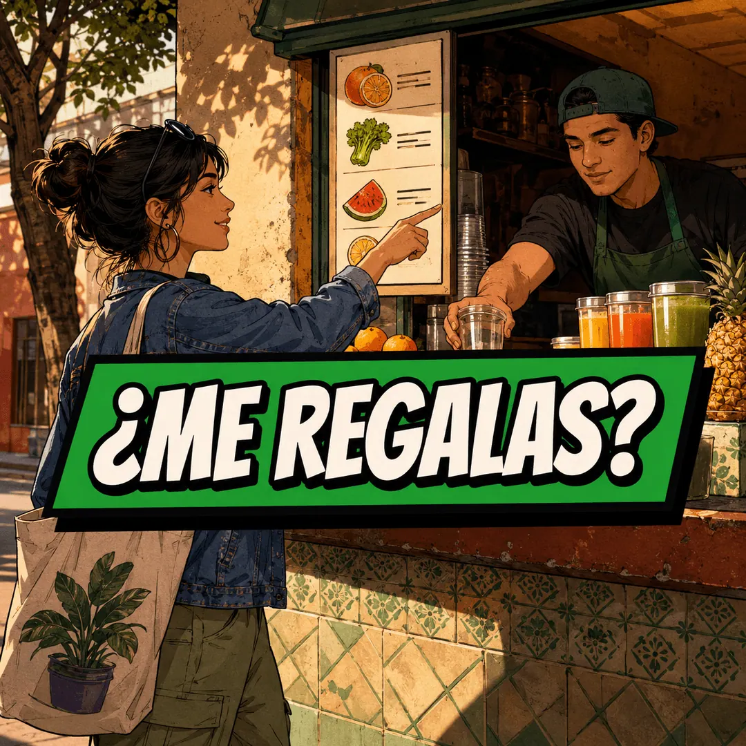 ¿me regalas? - a woman pointing at the menu board of a juice stand while the vendor reaches for a cup