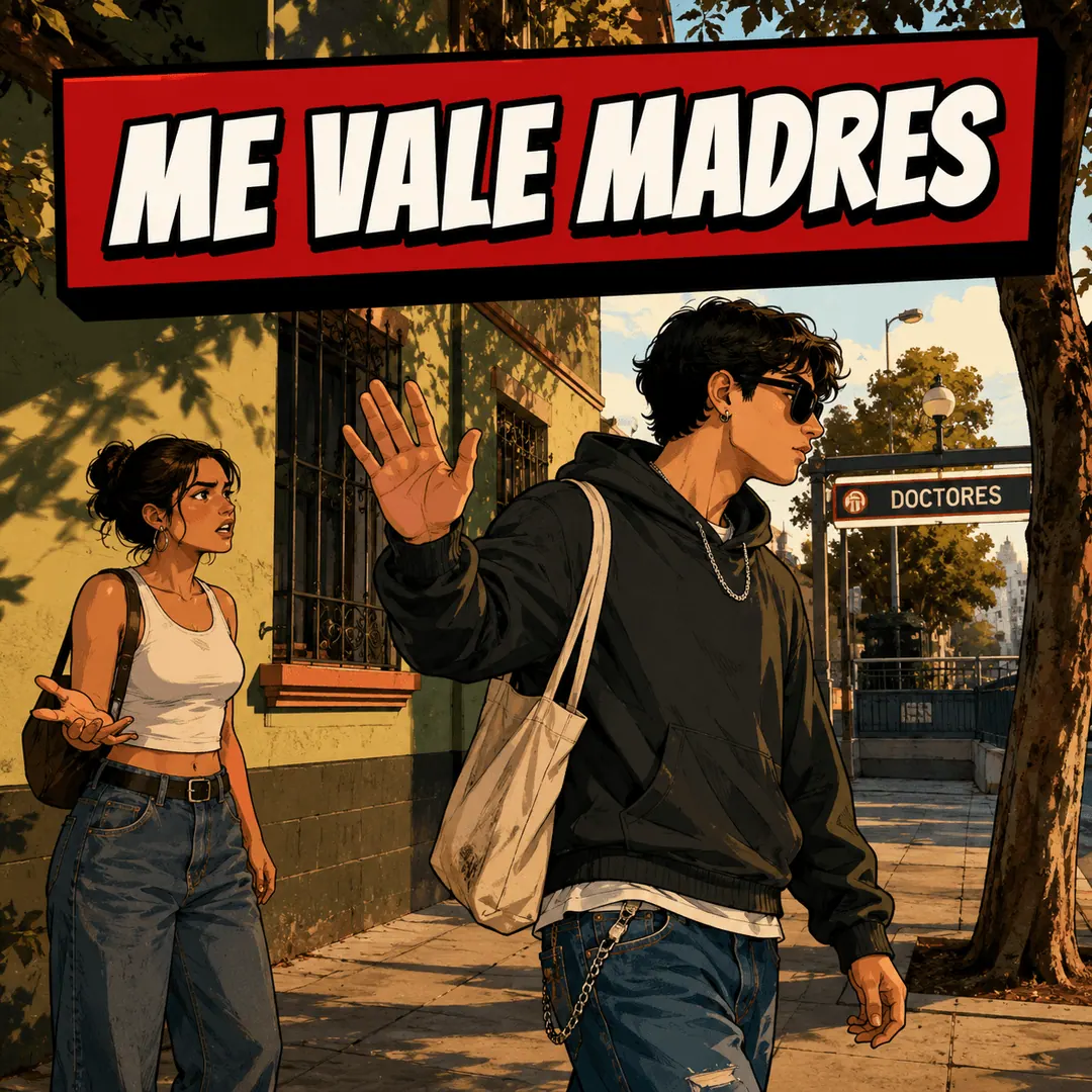 me vale madres - a young man walking off with a dismissive wave while a woman argues after him