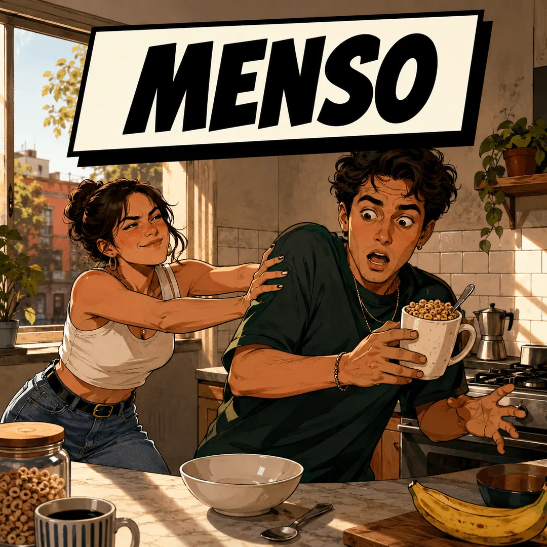 menso - a woman pulling a man back from tipping cereal into a mug