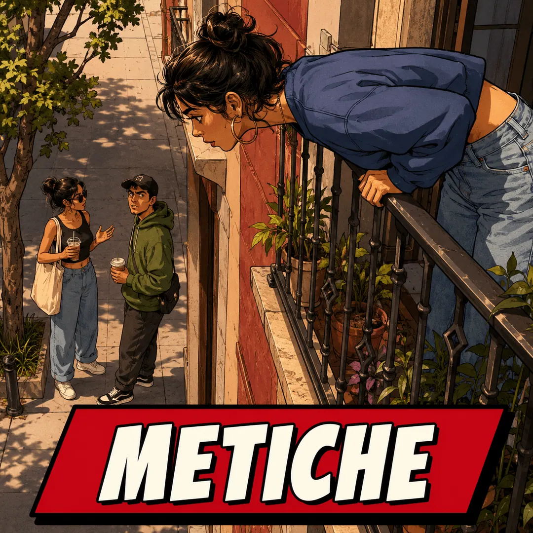 metiche - a woman leaning over a stairwell railing to listen in on the conversation below