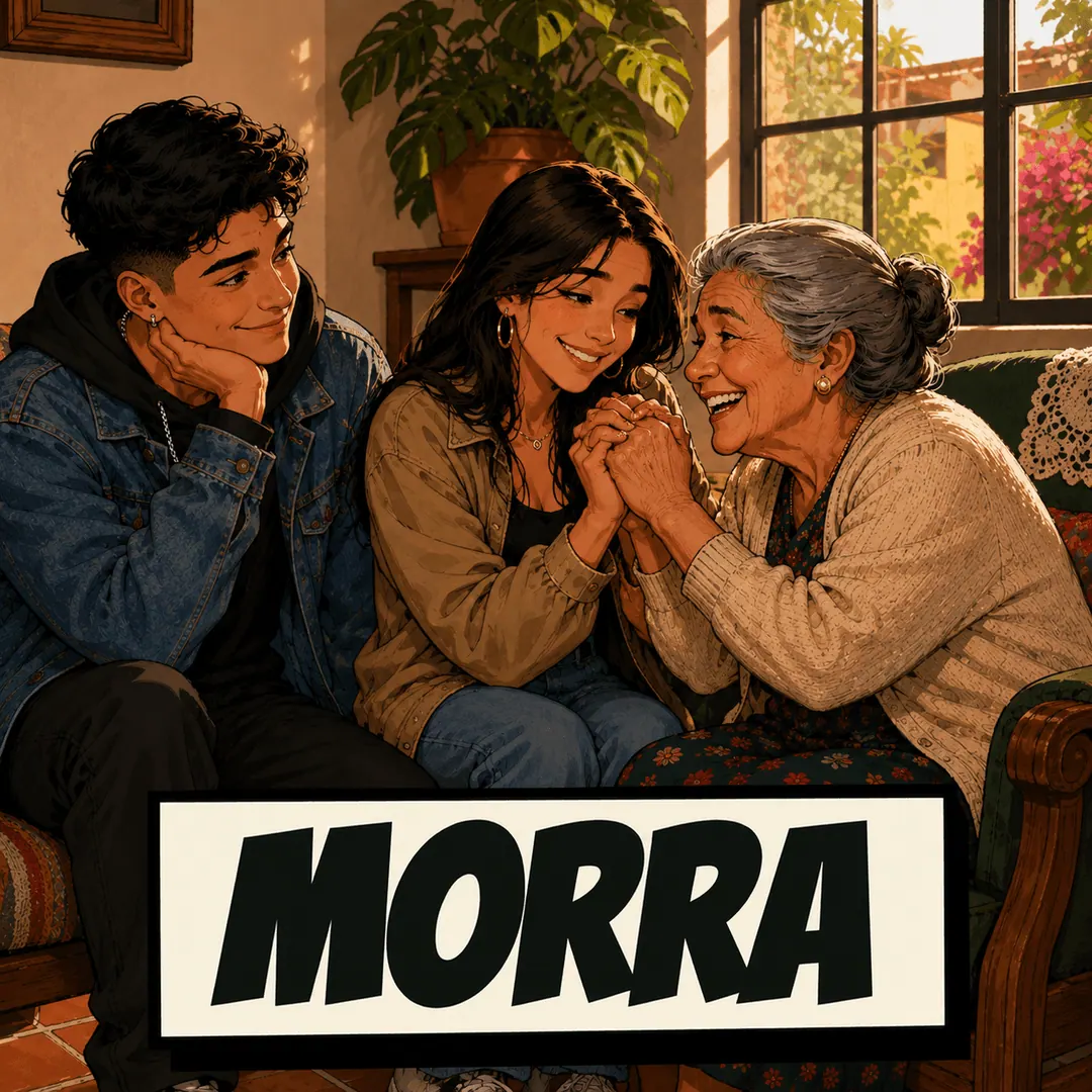 morra - a young woman between her boyfriend and her grandmother on the sofa, all three delighted